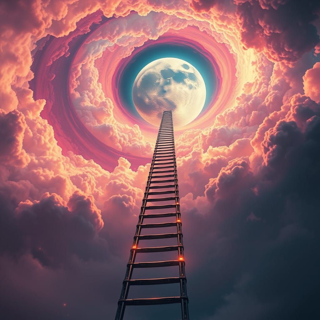 Majestic Ladder Connects Earth to Vibrant Dreamlike Moon in...