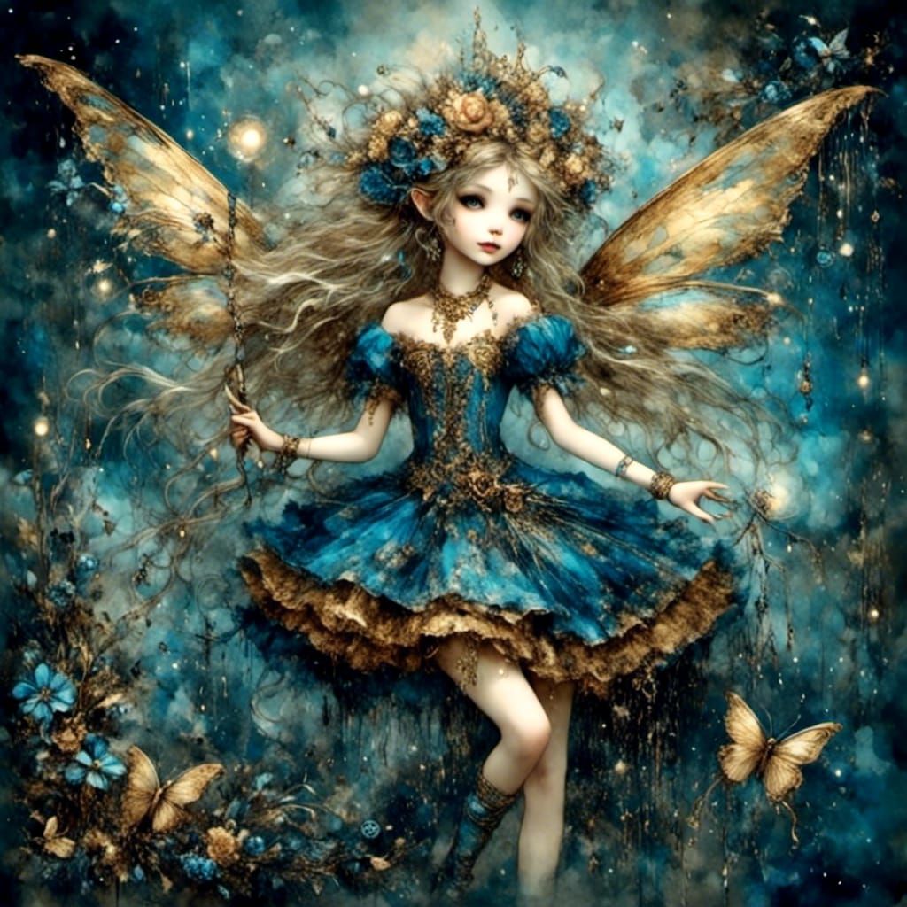 Blue and Gold Fairy in Victorian Style