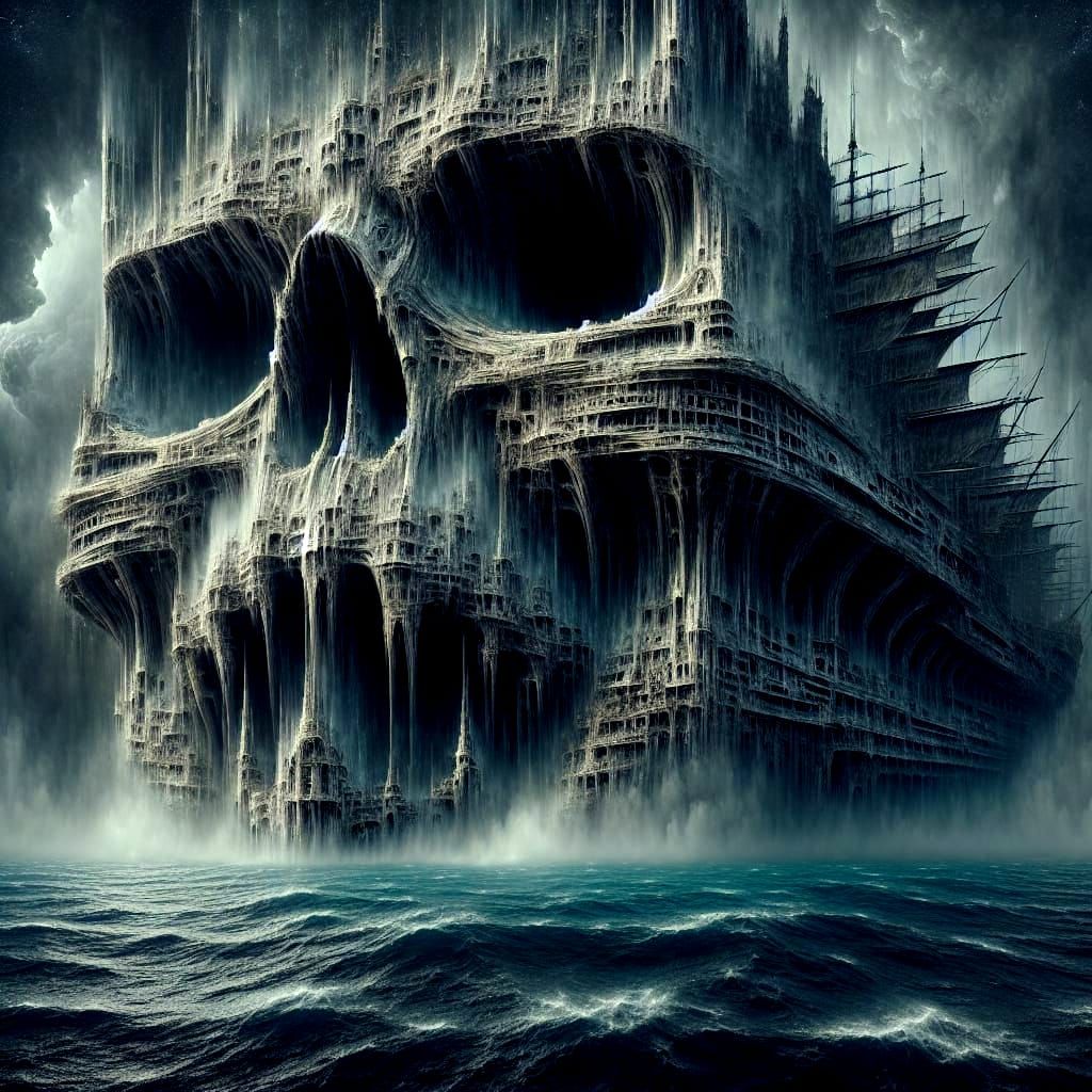 Gothic Ocean Skull Ship in Dark, Dreamlike Atmosphere