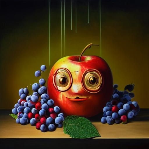 Surrealistic Apple Scene in Whimsical Oil Painting