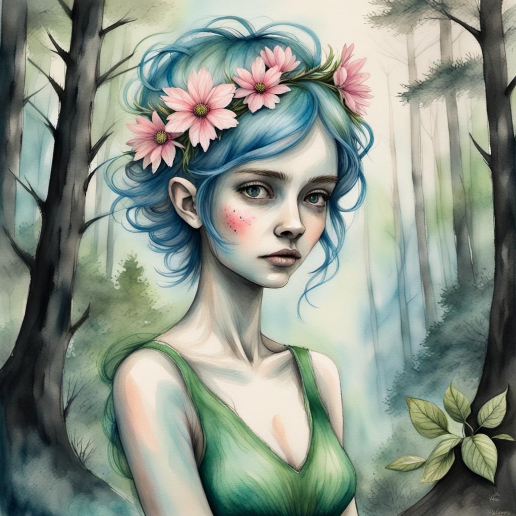 Ethereal Blue Pixie in Forest, Watercolor Charcoal Art