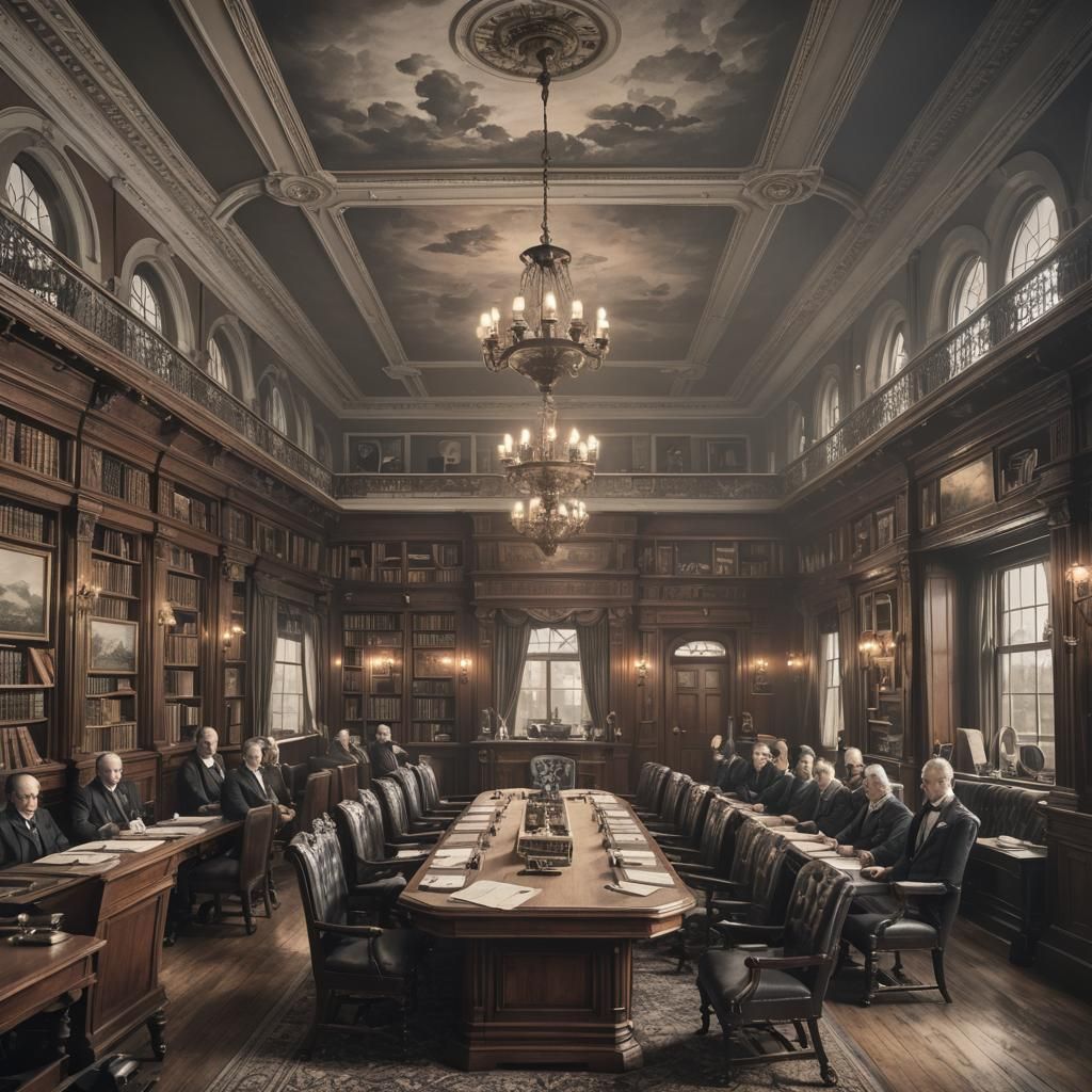 Victorian Gentlemen Play Brass in Ornate Boardroom