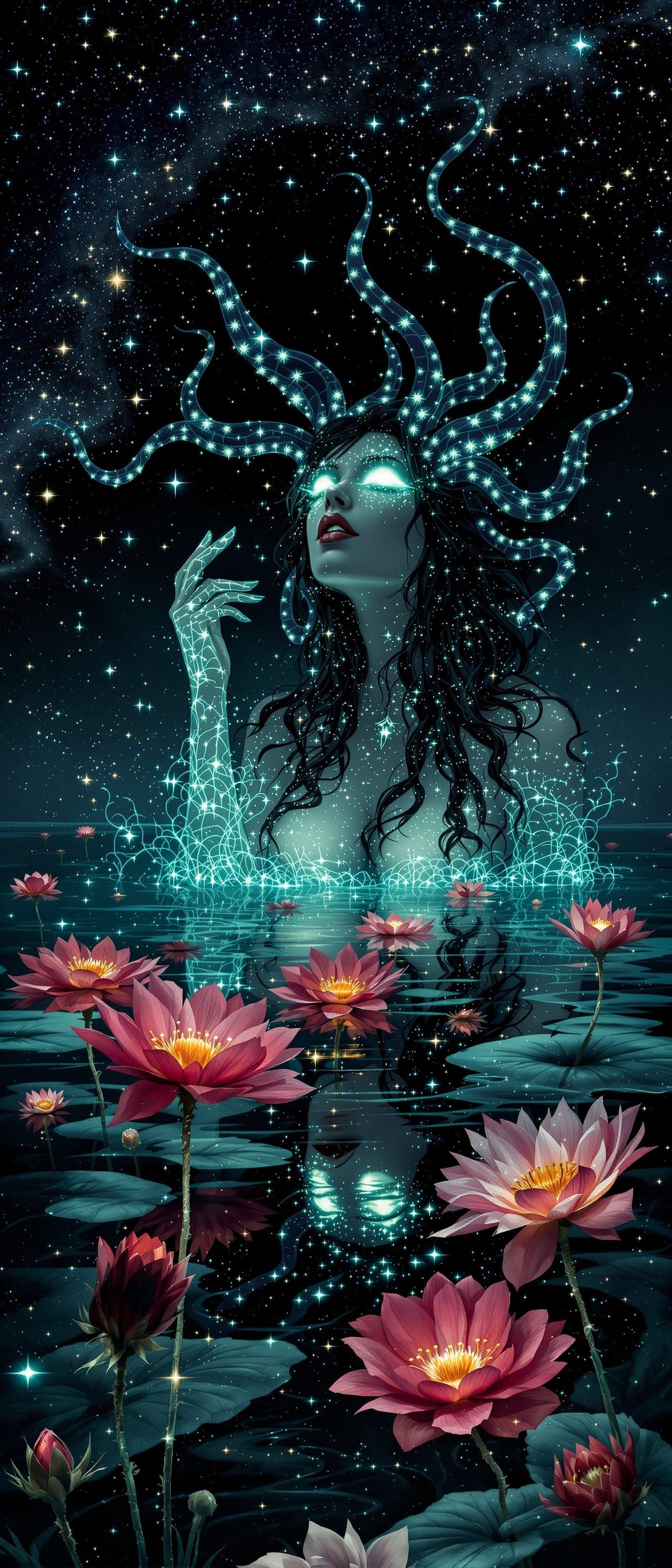 Bioluminescent Medusa in Dark Fantasy Sci-Fi Scene