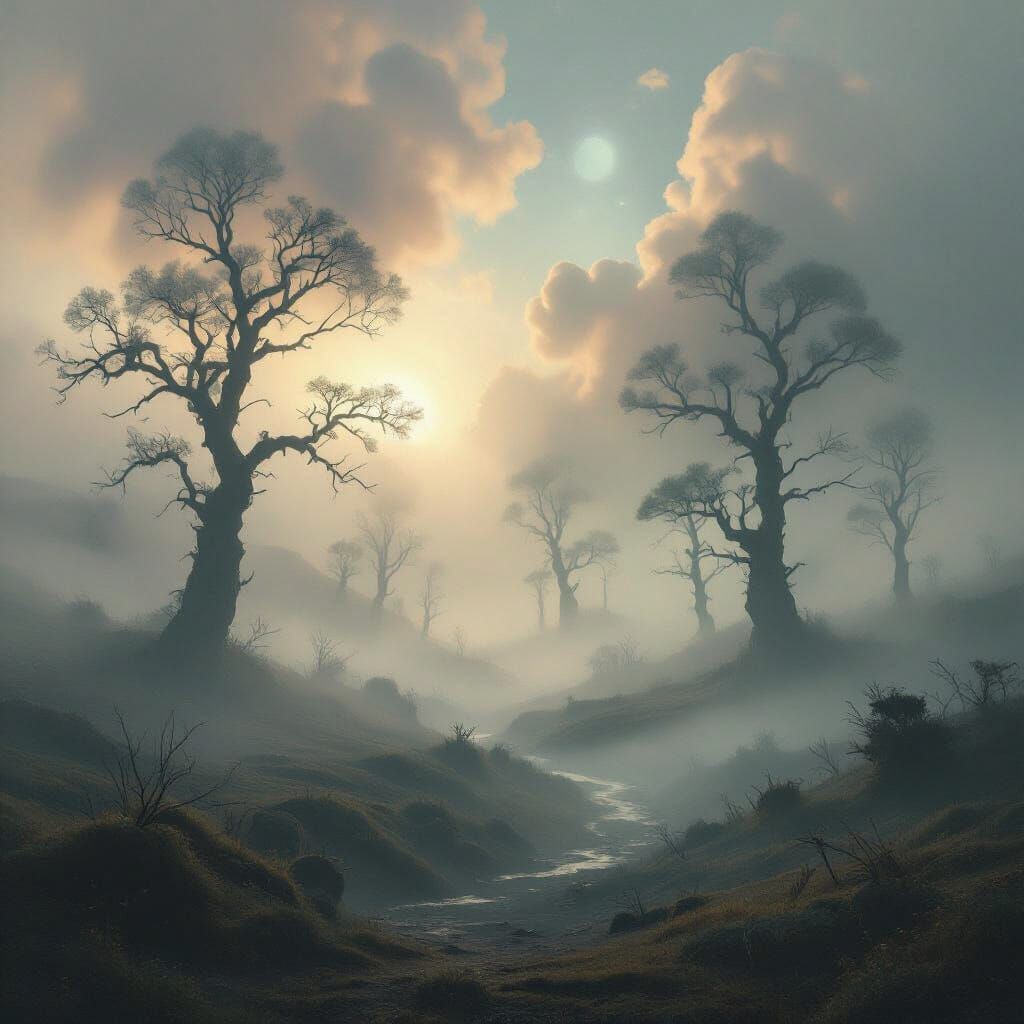 Surreal Fog Landscape with Ghostly Pathways