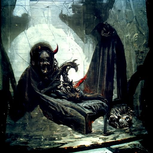 Two-Headed Devil Laughing on Throne: Horror Art