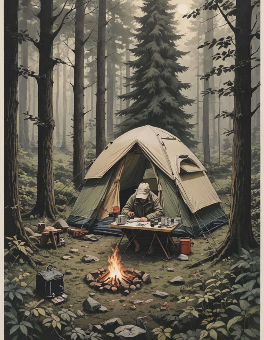 Camping Friends Relaxing in Nature as Oil Painting