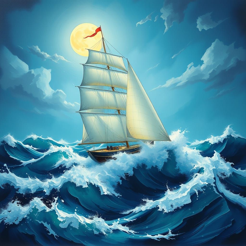 Majestic Sailing Boat in Turbulent Ocean Under Full Moon