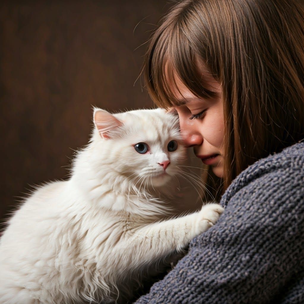 Cat Comforts Crying Woman with Gentle Paws