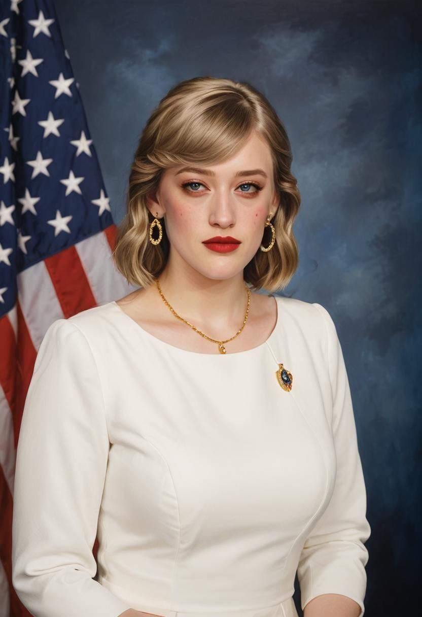 Confident Politician in White Dress with American Flag