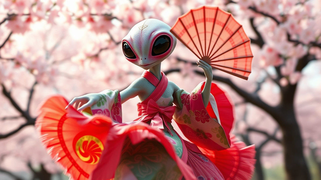 Alien Ballerina Dancing with Fan in Anime Style