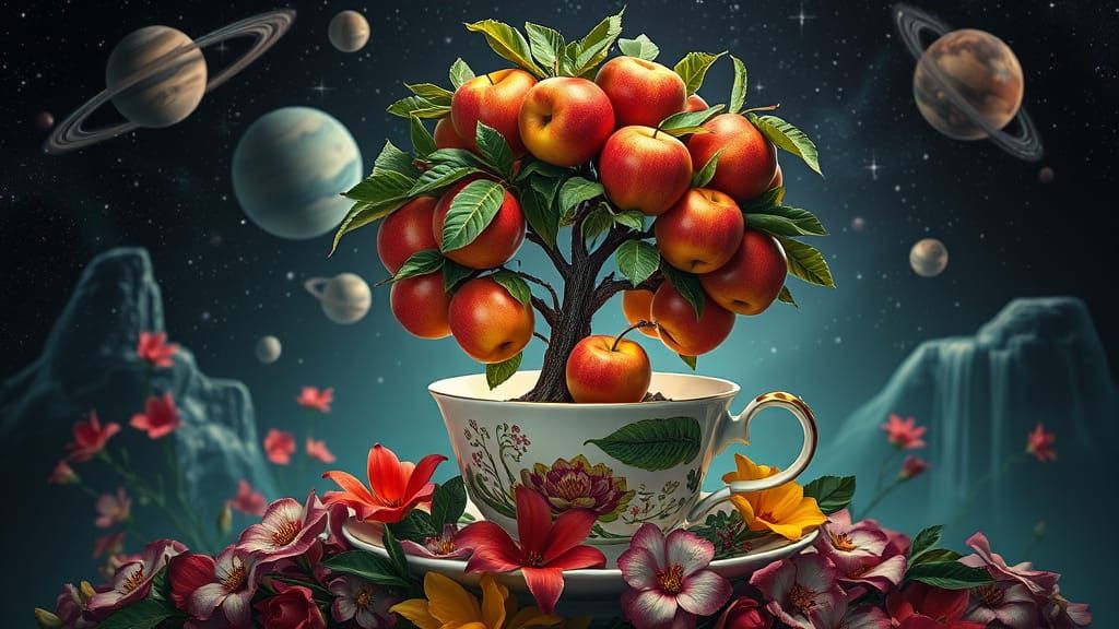 Vibrant Cosmic Apple Tree in a Teacup