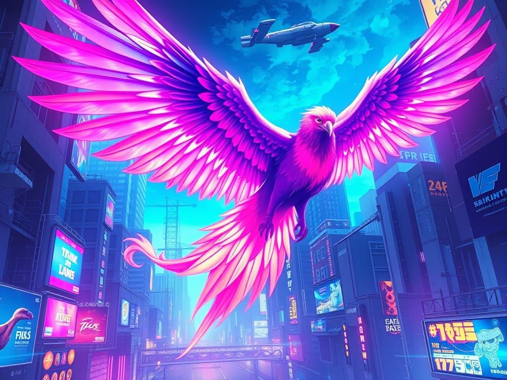 Anime Phoenix Soars Through Cyberpunk Cityscape