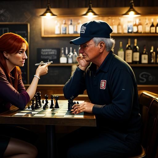 Barmaid and Mailman Play Chess in Dimly Lit Bar