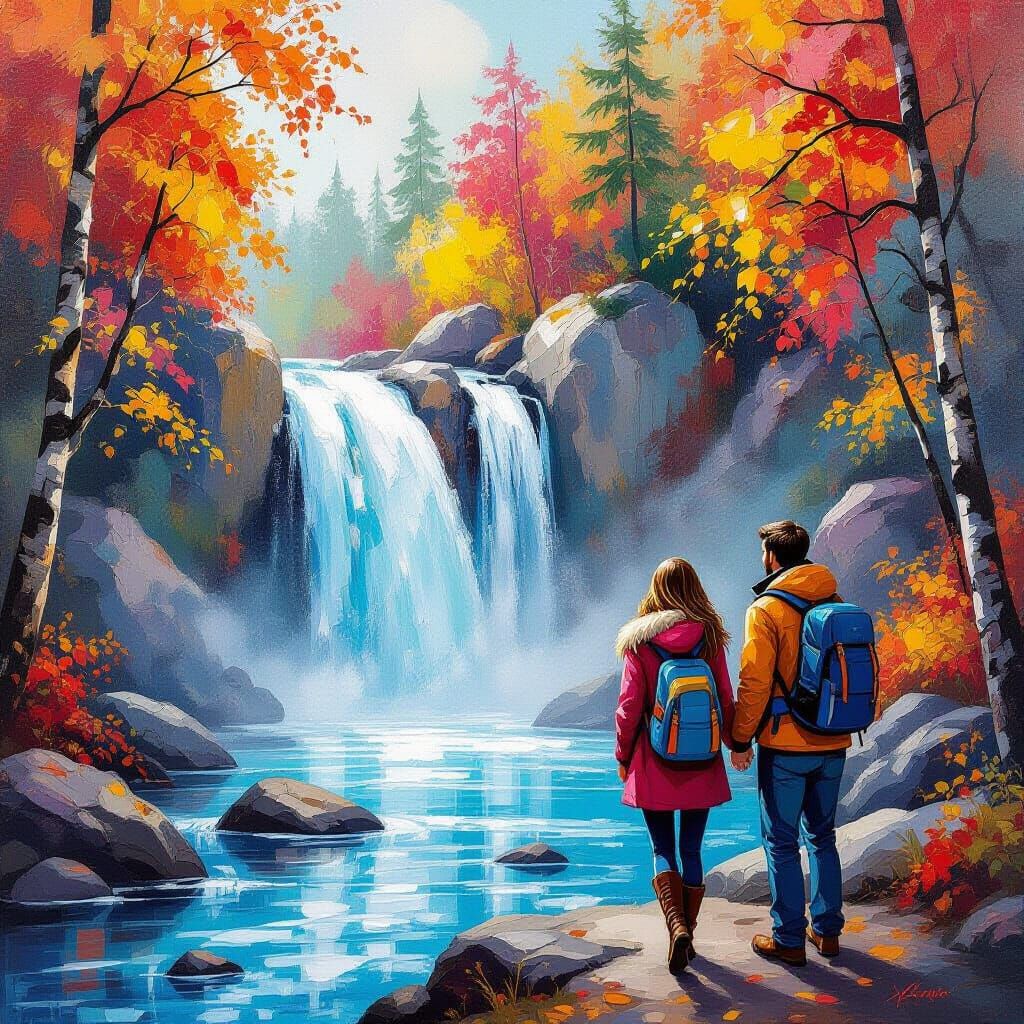 Abstract Waterfall Scene with Couple in Japanese Style