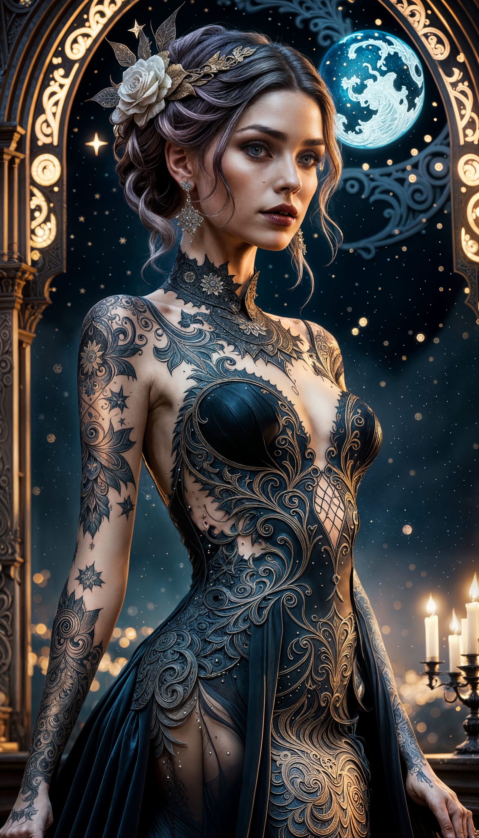 Tattooed Bride in Gothic Starry Night, Detailed Art