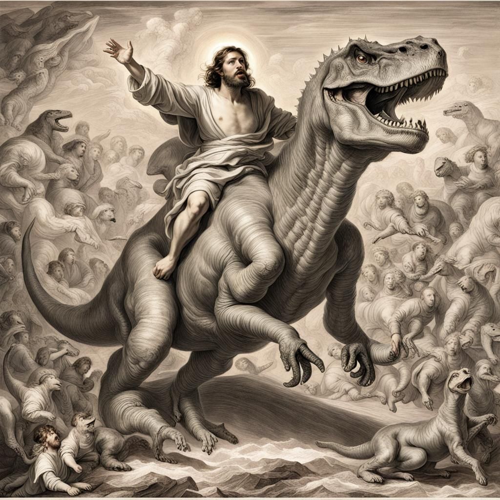 Jesus Rides a Dinosaur: Baroque Style Painting