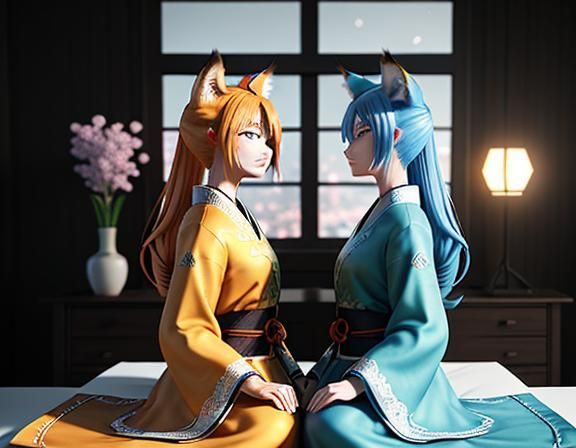 Two Kitsune Kissing in Cozy Manga Bedroom