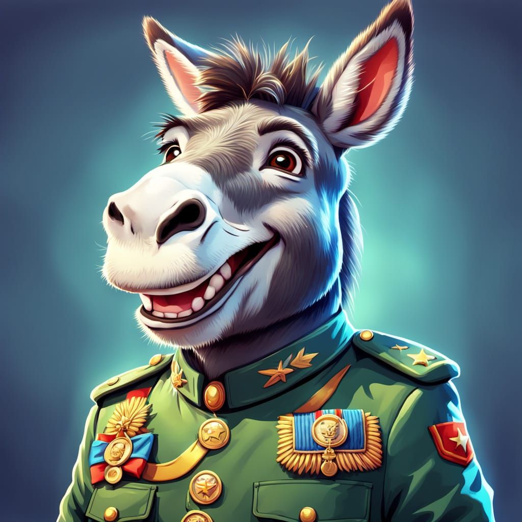 Cheerful Donkey in Military Uniform Cartoon Illustration