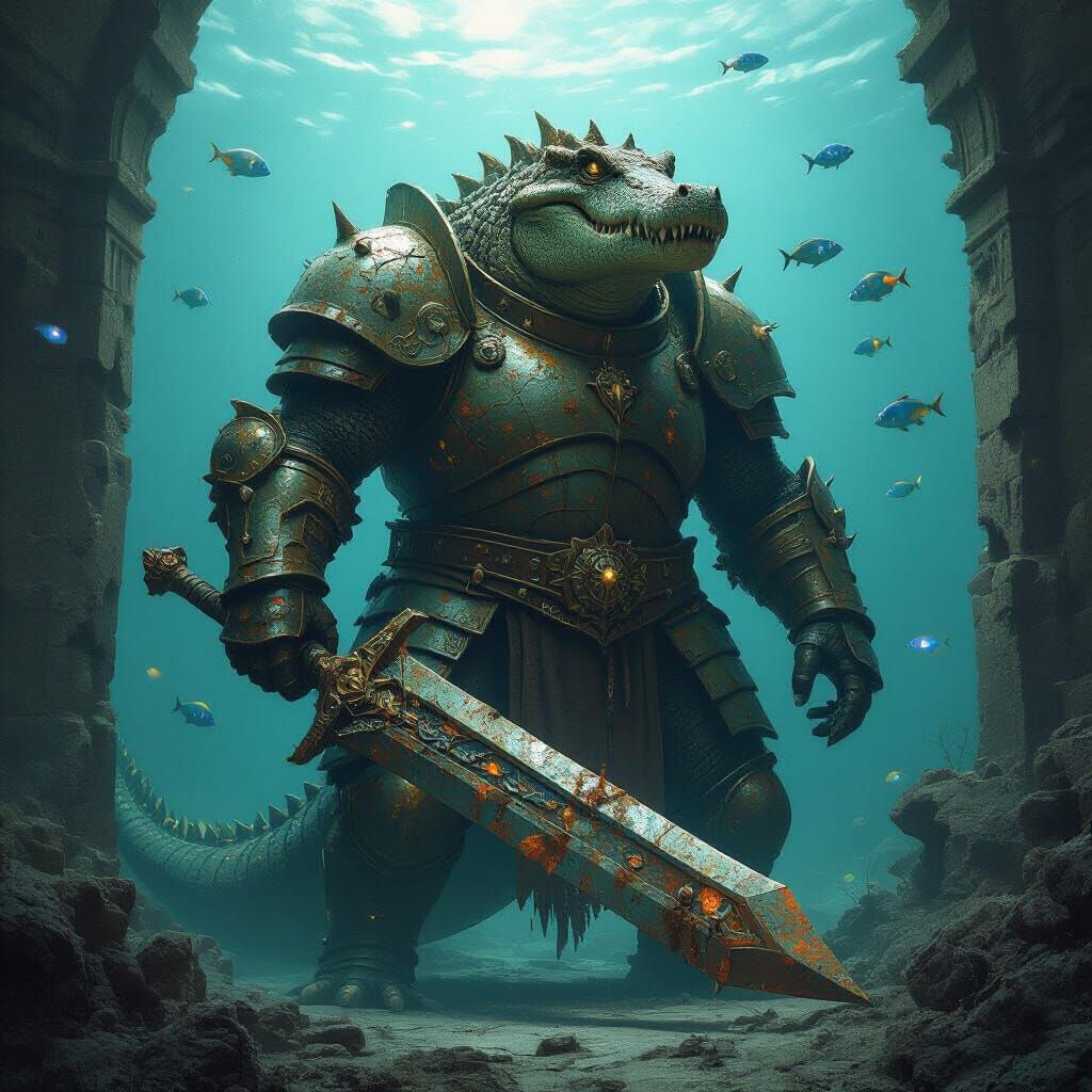 Crocodile Knight Guards Sunken City in Dark Fantasy Style