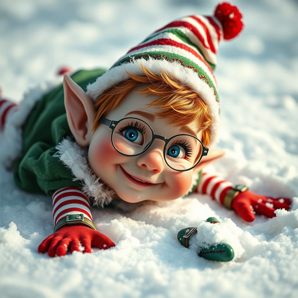 Cheerful Snowbound Elf Crafts Snow Angel, Wearing Whimsical...