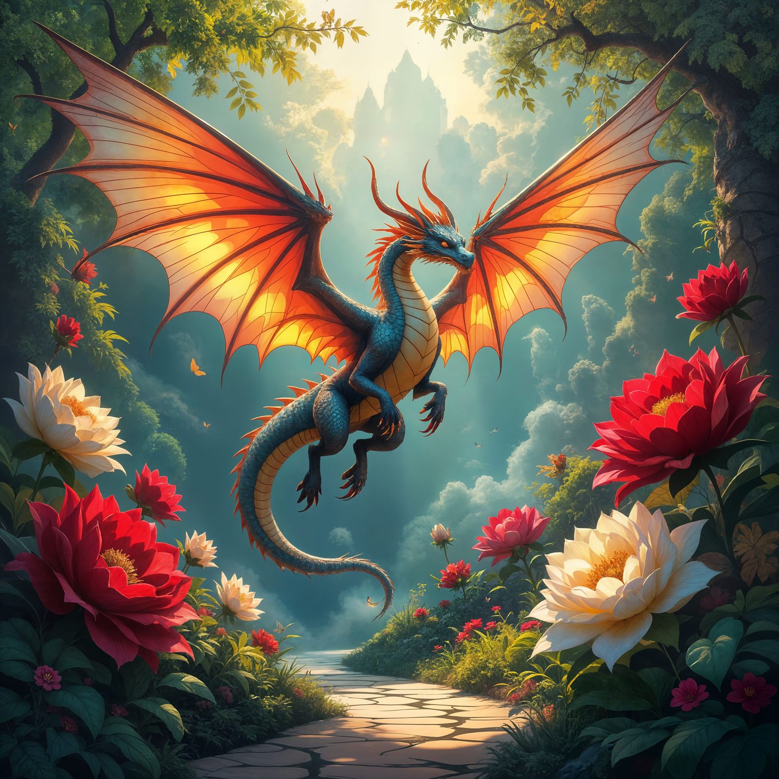 Fire Dragon With Butterfly Wings Over Giant Flowers