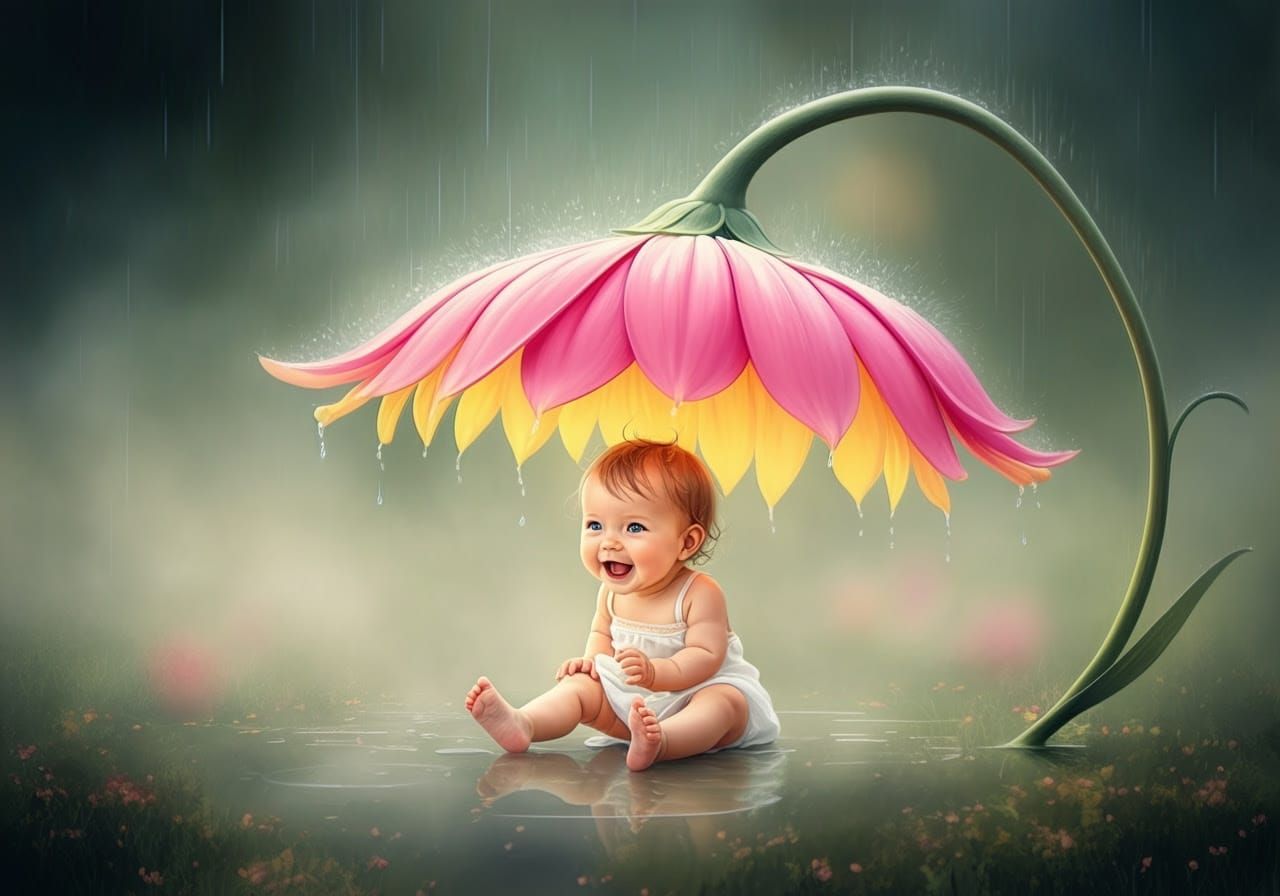 Sweet Baby Finds Shelter Under Vibrant Flower