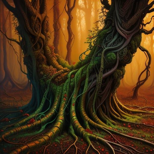 Surreal Roots Tumbling in Twilight: A Triadic Oil Painting