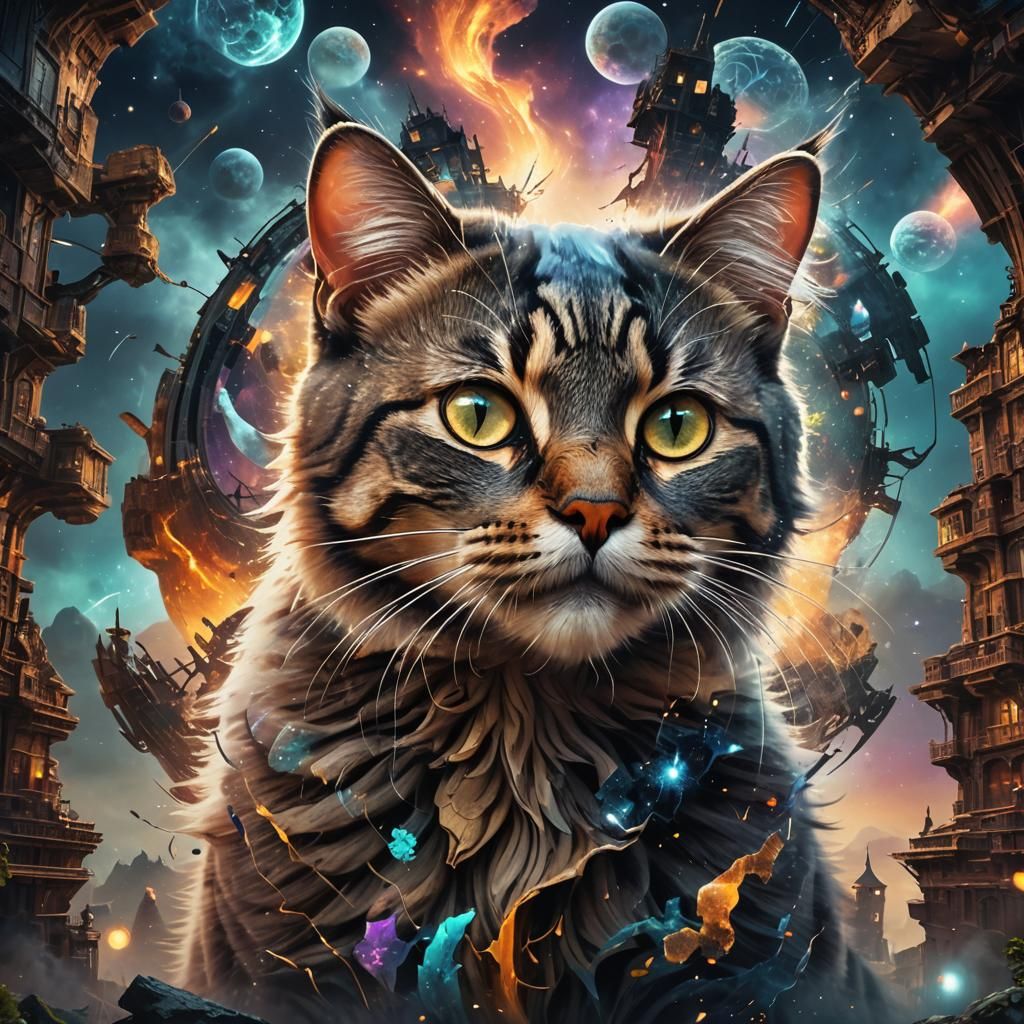 Surreal Cat Brain Double Exposure Art