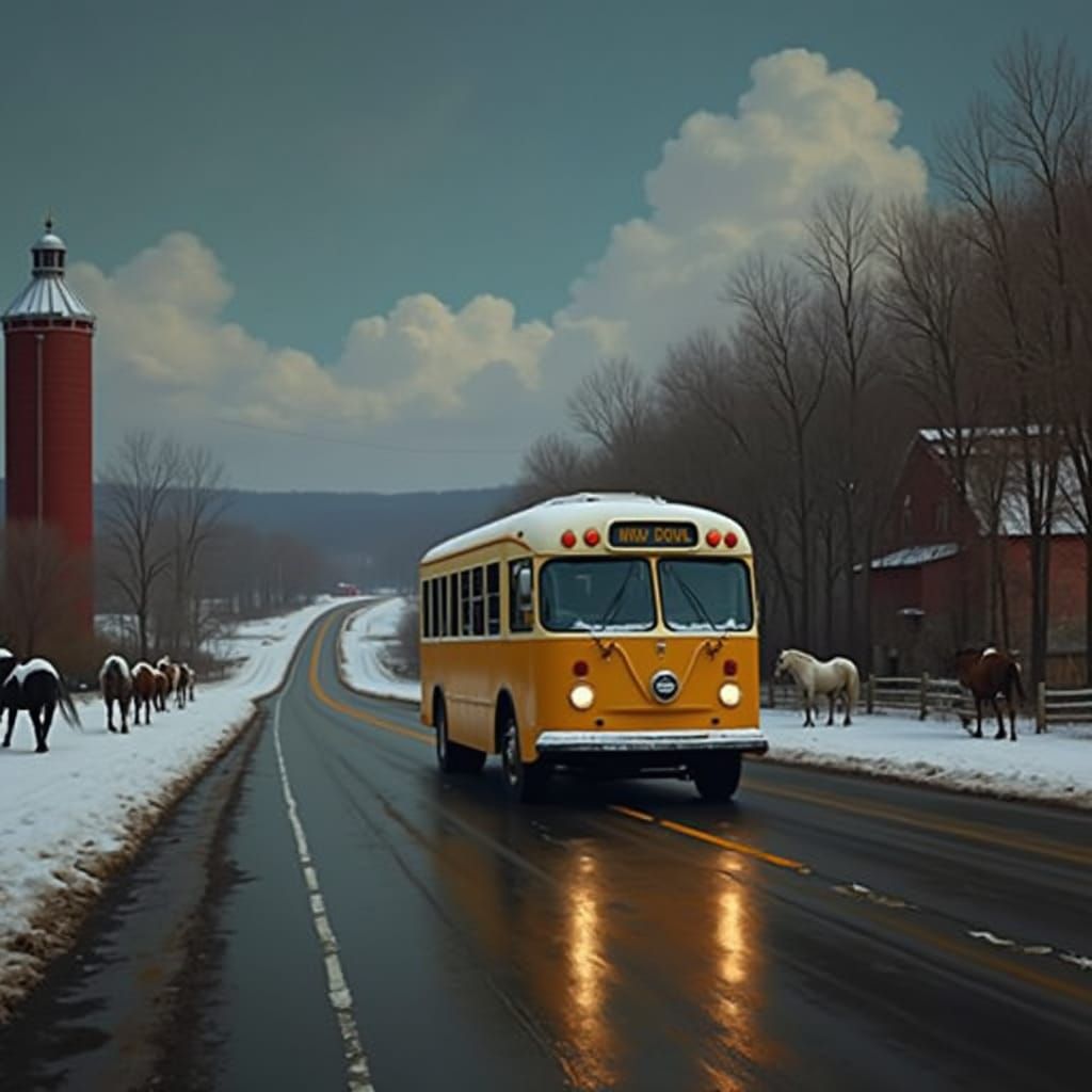 Midwest Winter Farm Scene with City Bus