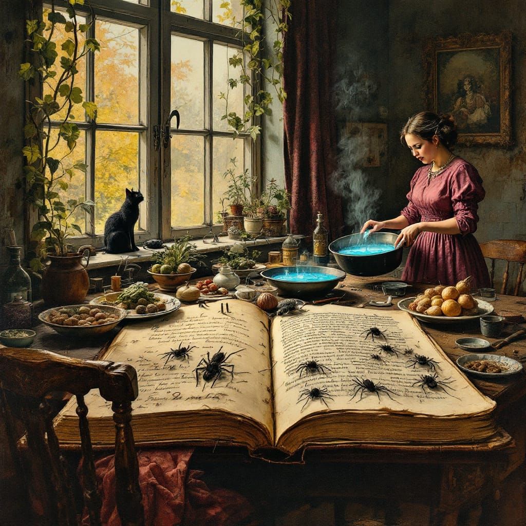 Suburban Witch Brews Magical Potion in Kitchen