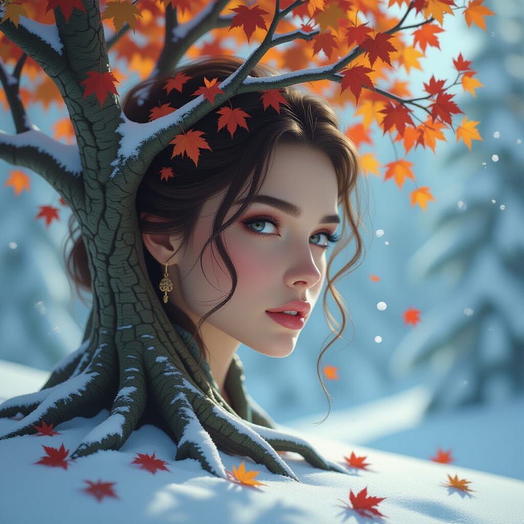 Mythical Tree with Falling Snow in Painterly Style