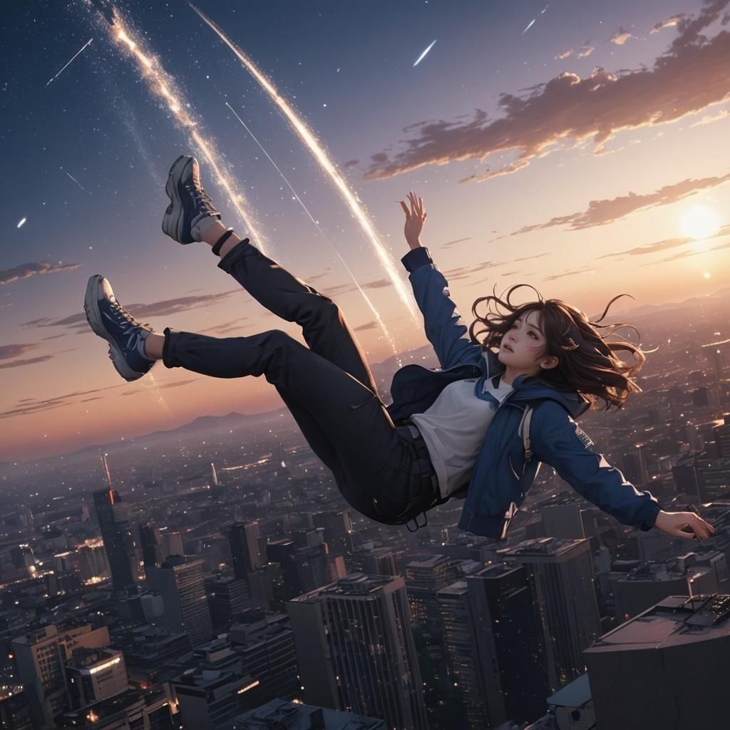 Anime Woman Falling from Sky with Comet Trails