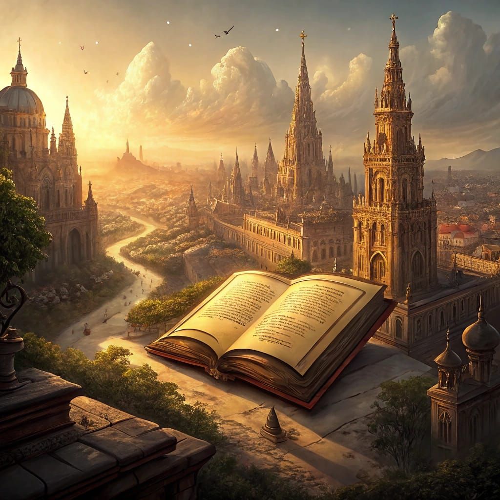 Radiant Cityscape with Ornate Book in Romantic Style