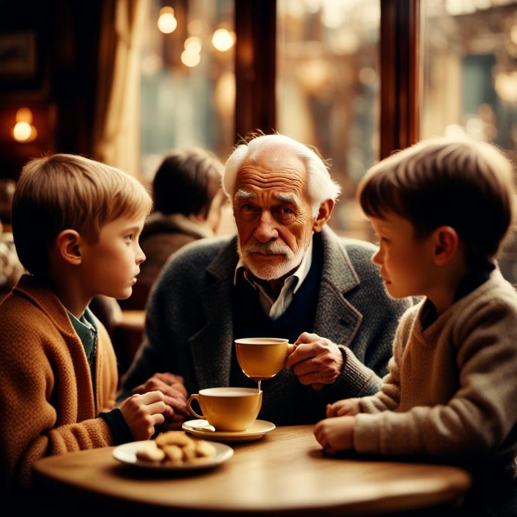 Heartwarming Cafe Scene with Old Man and Grandchildren