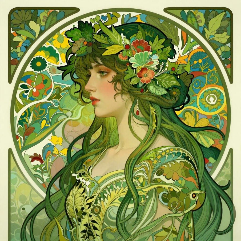 Art Nouveau Portrait with Botanical Motifs in Green