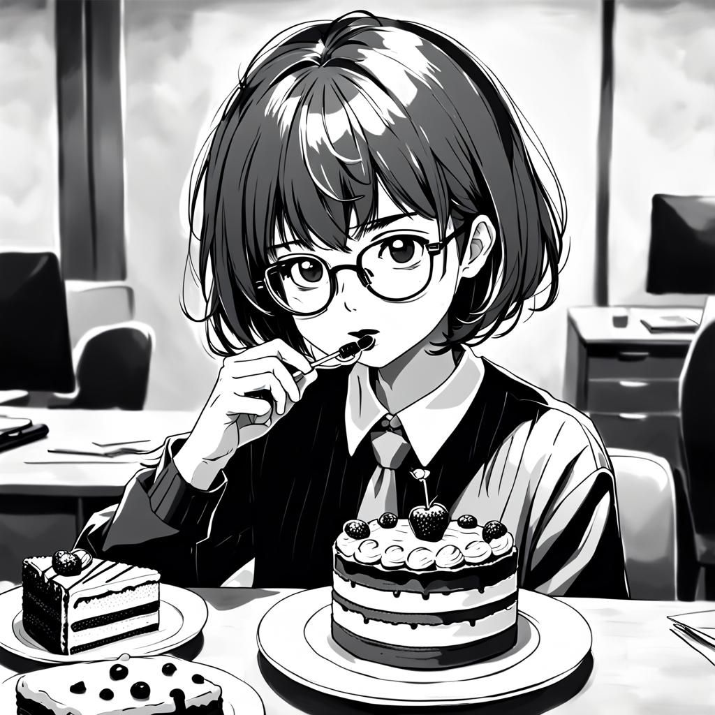 80s Anime Style Office Lady Eating Cake