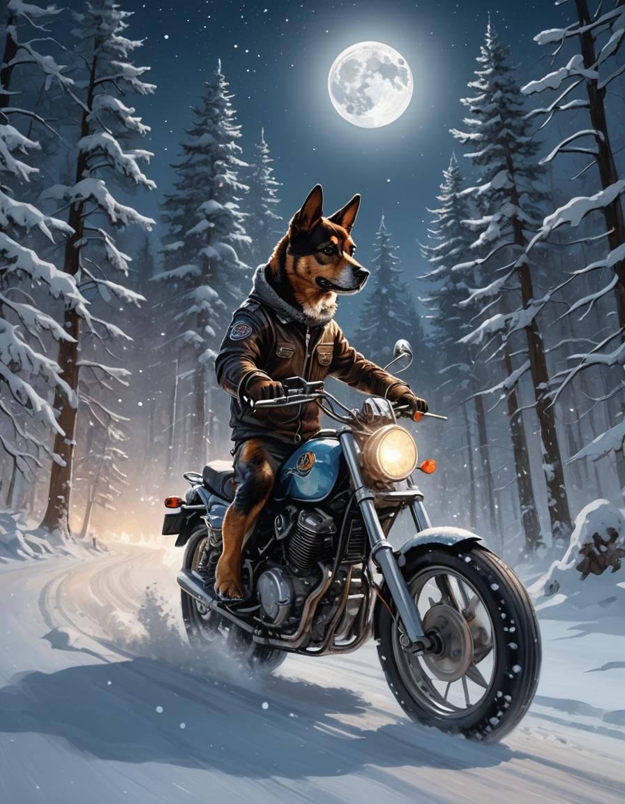 Dog Rides Motorcycle in Snowy Moonlight: Digital Art
