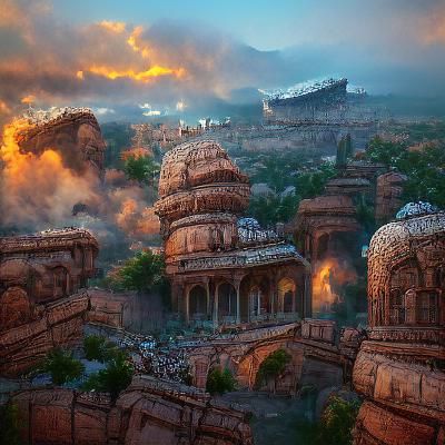 Ancient Indian Ruins Landscape in Matte Painting Style