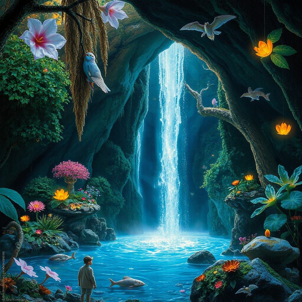 Luminous Waterfall Grotto: Hyperrealistic Fantasy Art