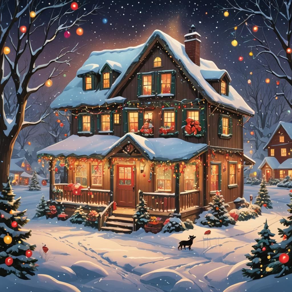 Festive Farmhouse Aglow with Christmas Lights