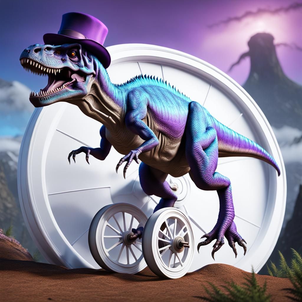 Feathered T-Rex Pushing Wheel Uphill: Magic Realism