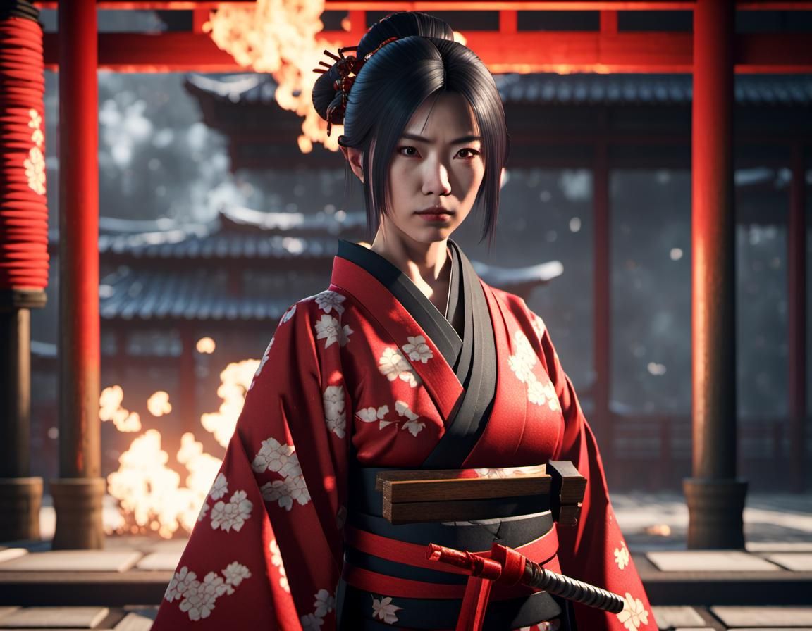 Japanese Woman with Swords in Burning House