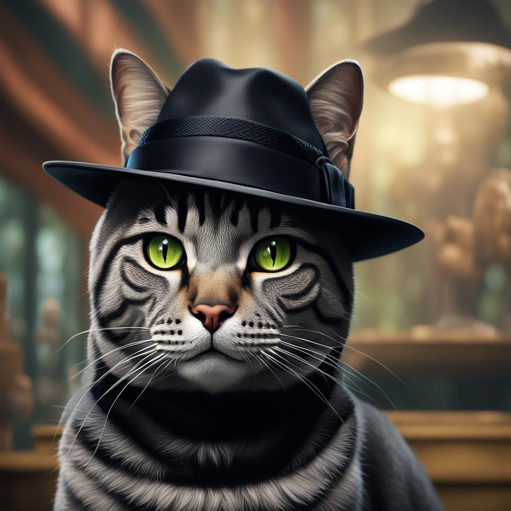 Grey Tabby Cat in Fedora: Detailed Matte Painting