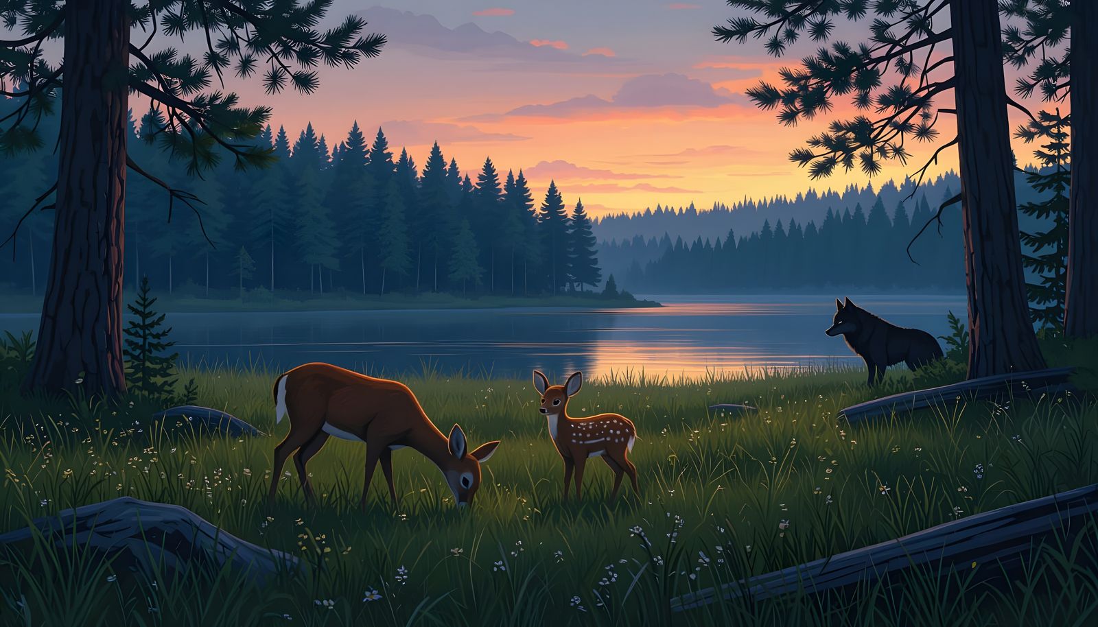 Doe and Fawn in Meadow Watched by Wolf at Dusk