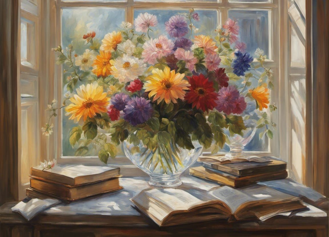 Still Life of Vibrant Mixed Flowers in Crystal Vase with Boo...