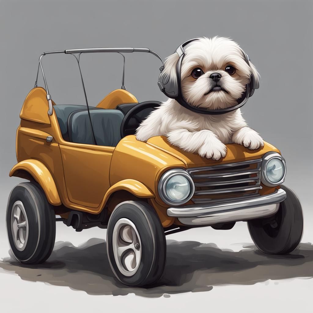 Cute Shitzu Puppy in Tiny Car: Hyperrealistic Art