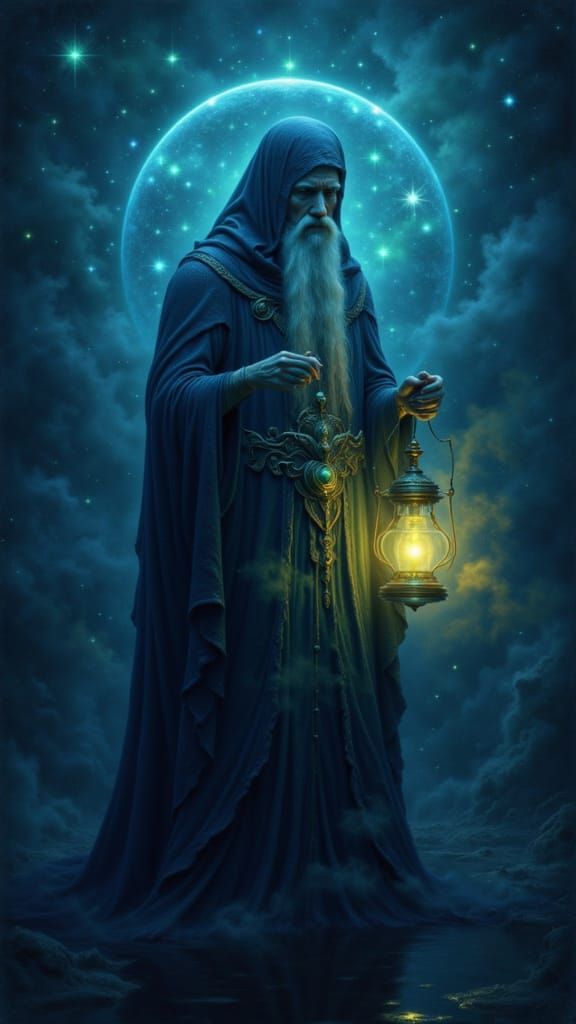 Mystical Hermit with Bioluminescent Lantern