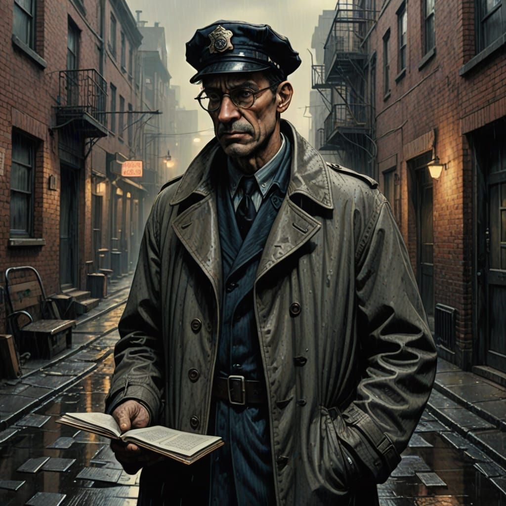 Gritty Film Noir Detective in Rain-Soaked Alley
