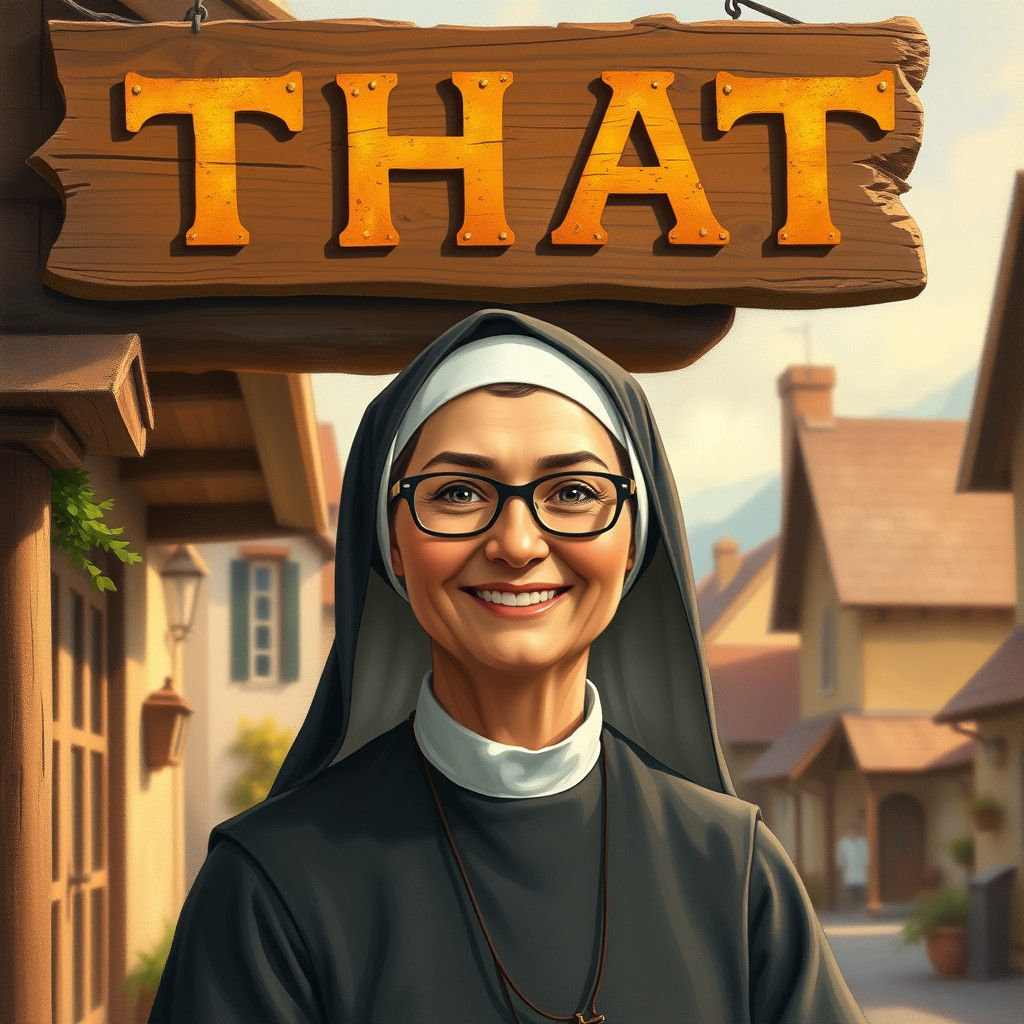 Nun Under Sign in Norman Rockwell Style