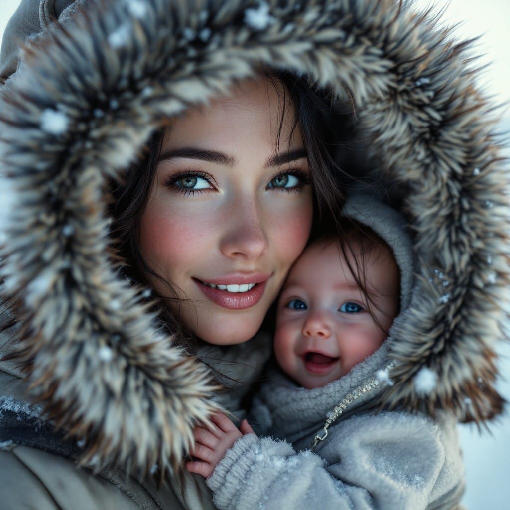 Inuit Woman and Baby in Seal-Skin Parka, Hyper-Detailed Port...